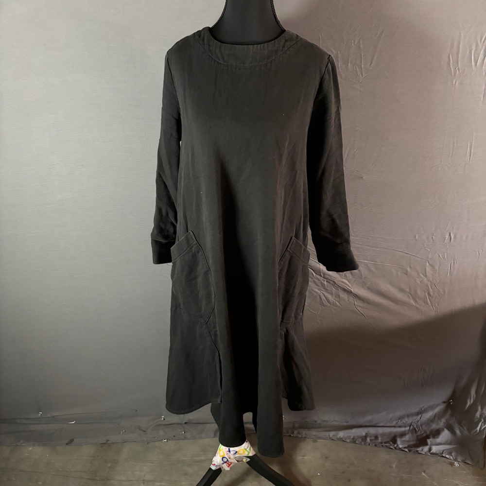 INGKKO Black Long Sleeve Midi Dress‎ Pockets Crew Neck Made In Korea